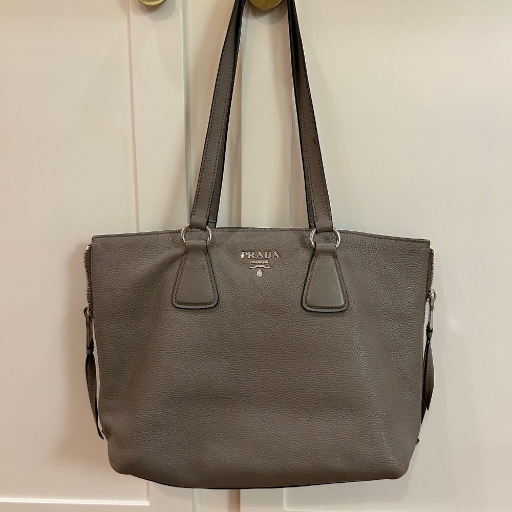 Prada Grey Leather Vitello Phenix Side Zip Shoulder Bag